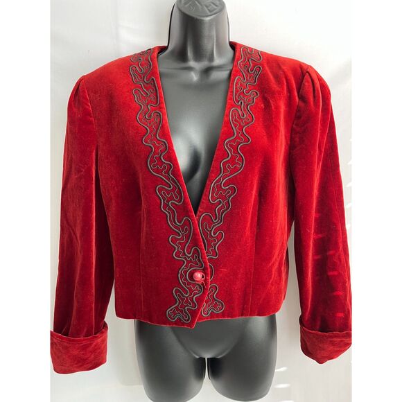 Vintage Jaeger Velvet Cropped Red Blazer Jacket Embroidered Retro Size 10 Witchy - Picture 1 of 12